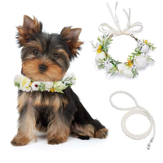 Mogoko 2 Pcs Cute Dog Collar - Pearls Beaded Flower Leash