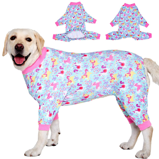 LovinPet Pitbull Dog PajamasLarge Dog Clothes Dog Pajamas Wound Care/Post Surgery Dog Clothes Lightweight Stretchy Dog Pajamas Large Dog Shirt Seafoam Unicorn Print Large Breed Dog Pet PJs/XXL